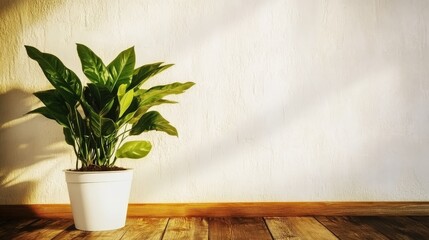 Lush green houseplant in terracotta pot adorning rustic wooden table indoors with natural light.
