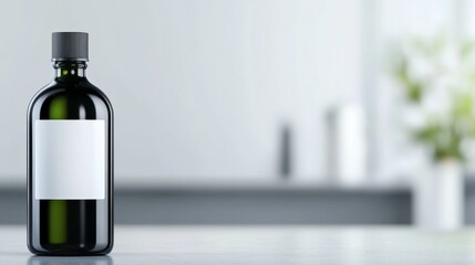 Premium quality olive oil bottle gracefully placed on rustic wooden kitchen table.