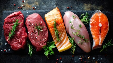 Various cuts of raw meat are laid out on a black stone surface. Each piece is accompanied by herbs like rosemary and thyme. The setting hints at a preparation area for cooking.