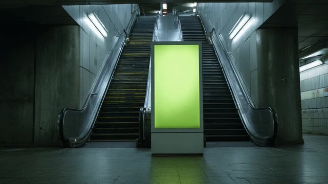 Underground Neon: A lone illuminated screen casts a vibrant glow within an empty subterranean space, flanked by silent escalators that ascend into the unseen.