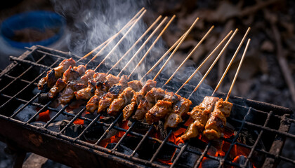 Close-up of satay skewers being grilled over hot charcoal fire with smoke rising.
