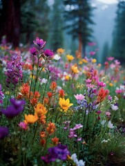 A Vibrant Meadow Filled with Colorful Wildflowers Amidst Trees and Misty Mountains in a Scenic Nature Landscape