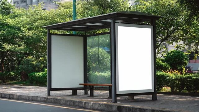 Bus Shelter in Urban Landscape: A modern bus shelter stands on a city street, its sleek design and blank advertising panels inviting creative possibilities. Situated amidst lush greenery.