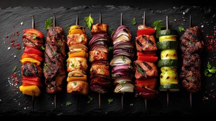 Skewers with various meats and colorful vegetables are arranged on a dark stone surface. The preparation highlights grilling options for a meal.