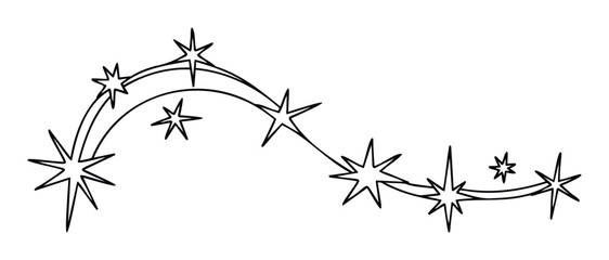 A flowing decorative line of various twinkling stars forming an elegant celestial ornament, perfect for celebratory greeting graphics or festive seasonal event embellishments.