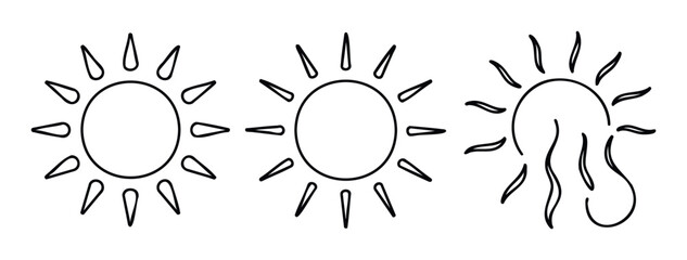 Collection of diverse sun icons presenting different styles of light and warmth, perfect for weather applications, summer season graphics, or outdoor activity indicators