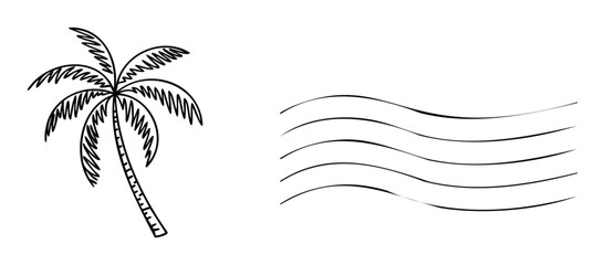 A simple line drawing of a tropical palm tree with wavy lines representing wind, perfect for summer vacation themed promotions and travel agency advertisements