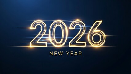 Golden 2026 New Year celebration with futuristic glowing numbers on dark blue tech background