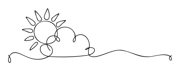 Simple one line drawing depicting a radiant sun and a fluffy cloud connected by a flowing wave, perfect for nature blogs, childrens book covers, or web icons.