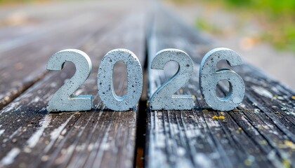 Durable concrete numbers '2026' resting on a rustic wooden surface, symbolizing the anticipation of a new year, future aspirations, and the enduring march of time