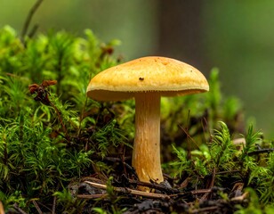 Close-up view of a wild mushroom, showcasing its smooth, orange cap and stem, growing amidst vibrant green moss and foliage