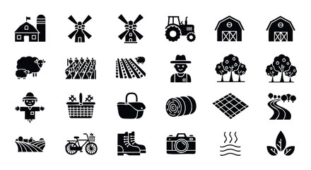 Diverse array of farming and rural life glyphs showcasing agricultural buildings, machinery, livestock, crops, and natural landscapes ideal for modern web icons, app interfaces, and print