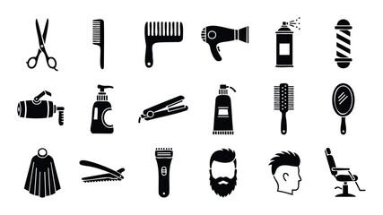 A comprehensive set of professional black silhouette barber shop and hair care icons for modern grooming service applications, beauty salon branding, and personal hairstyling equipment