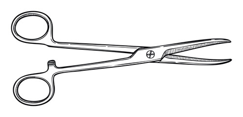 A precisely rendered line drawing of open surgical scissors, ideal for medical training materials, hospital equipment graphics, and professional healthcare industry presentations or