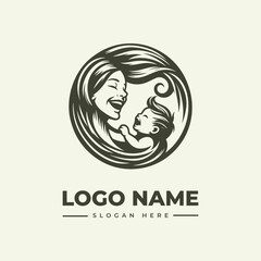 A minimalist logo illustration featuring a stylized mother and child in a circular design with a simple, iconic vector graphic and text space for a logo name and slogan on a plain