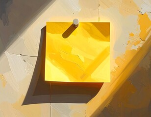 Close-up view of a yellow sticky note pinned to a textured, light-toned surface. Sunlight and shadow highlight the shape and texture