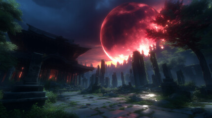 Obraz premium Anime style illustration of ancient ruins with stone pillars under a giant red moon and dark cloudy sky (巨大な赤い月と暗い曇り空の下にある石柱と古代遺跡のアニメ風イラスト)
