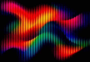 Abstract neon wave pattern featuring vertical light bars in a vibrant rainbow spectrum, creating a dynamic modern background ideal for technology, music, and creative design