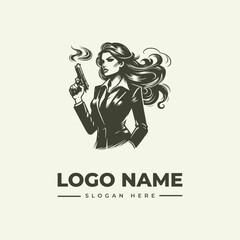 Fototapeta premium A bold illustration of a woman holding a smoking gun, with flowing hair and a blazer, set against a clean background with space for a logo name and slogan.