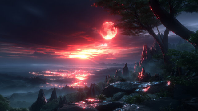 Anime style illustration of a landscape view from a cliff overlooking a city at night with a red moon (赤い月がある夜の街を見下ろす崖からの風景のアニメ風イラスト)