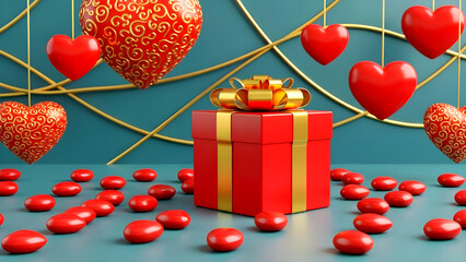 Festive Red Gift Box with Gold Ribbon and Hanging Hearts Decoration