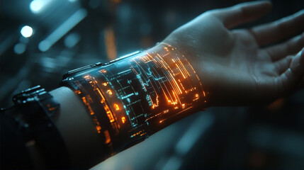 Futuristic wearable technology concept with glowing orange holographic data screen on wrist