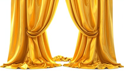 Radiant golden curtains draped artfully, revealing a bright white space, elegant and regal