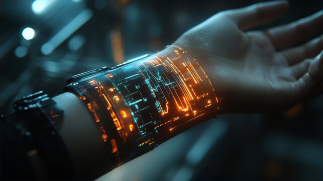 Futuristic wearable technology concept with glowing orange holographic data screen on wrist - Powered by Adobe