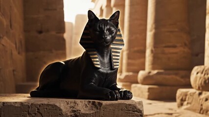 Black cat with pharaoh headdress resting majestically in ancient Egyptian temple ruins for mythical royalty concept and historical fantasy