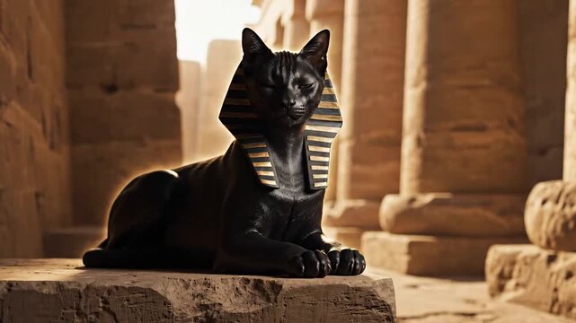 Black cat with pharaoh headdress resting majestically in ancient Egyptian temple ruins for mythical royalty concept and historical fantasy