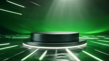 A sleek, illuminated black circular stage with a glowing white outline stands on a futuristic green floor with neon lights, set against a dark background with a spotlight shining down. - Powered by Adobe