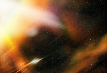 Abstract cosmic nebula with fiery orange and yellow gas clouds, bright white light rays, and stars, a space scene ideal for science, astronomy imagery, and inspirational design © DesignSells