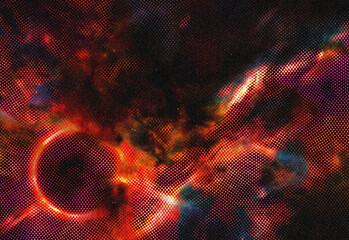 Vibrant red nebula with a glowing planetary ring and abstract halftone dot texture, creating a dramatic cosmic scene ideal for science, technology, education, and design projects © DesignSells