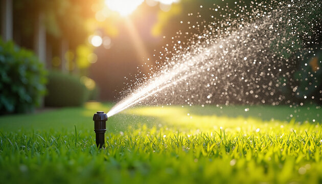 Lawn sprinkler spraying water on green grass in sunlight  