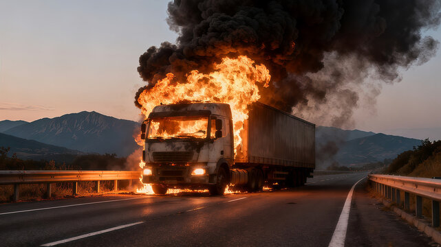 Photorealistic image of a large semi-truck engulfed in flames on a highway, with thick black smoke billowing into the sky.