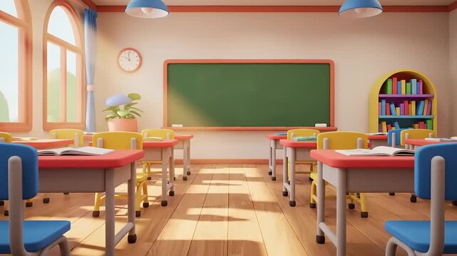 Bright and inviting 3D Cartoon classroom interior for education and learning animation design