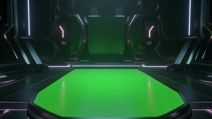 A futuristic green screen platform with neon lights in a dark room with a metallic background and floor. - Powered by Adobe
