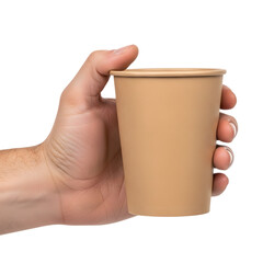 Obraz premium Hand holding empty recyclable paper coffee cup isolated on white background