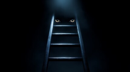 Mysterious glowing eyes peer down from the top of a dark wooden ladder ascending into an unknown dimly lit abyss representing fear or challenge