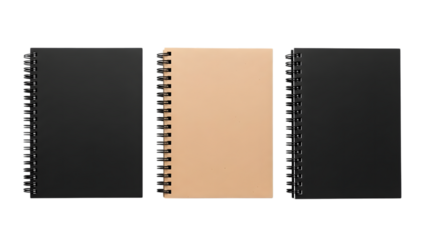 Spiral bound notebooks with black and beige covers arranged in a row on a white background