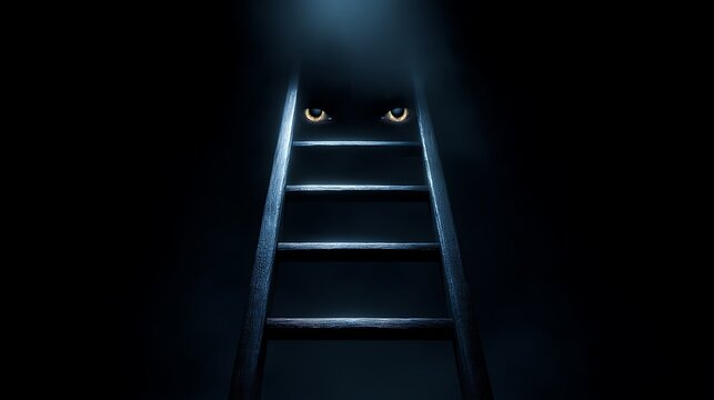 Mysterious glowing eyes peer down from the top of a dark wooden ladder ascending into an unknown dimly lit abyss representing fear or challenge - Powered by Adobe