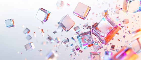 Abstract floating glass cubes with colorful holographic dispersion effect background