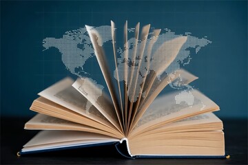 open book with digital world map. Technology knowledge and global education