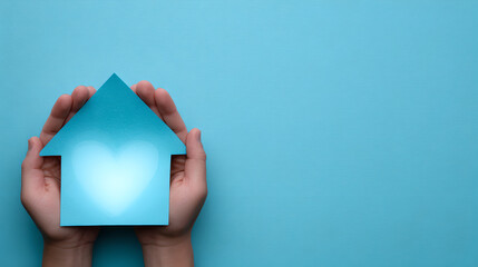Hands holding blue paper house with heart shape inside 
