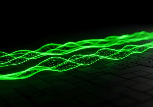 Abstract digital illustration featuring dynamic neon green pulse waves flowing across a dark technological surface, symbolizing rhythm and energy, energy, rhythm, oscillation
