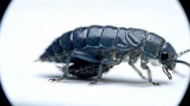 Close-up of darkling beetle under microscope.