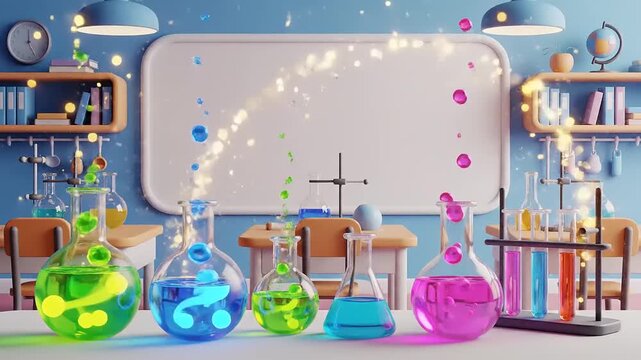 3D Cartoon Chemistry Lab with Colorful Bubbling Liquids and Sparkles