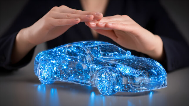 Human Hands Protecting A Digital Glowing Blue Wireframe Car Model Under Invisible Shield  - Powered by Adobe