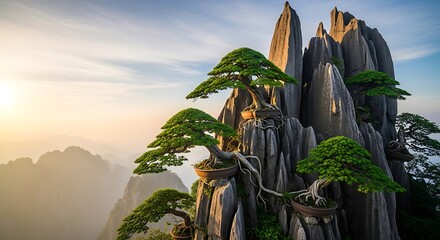 Dramatic mountain landscape with trees.