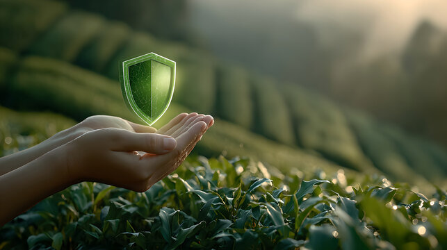 Crop Insurance Concept Hands Protecting Green Farm Field Under Shield

